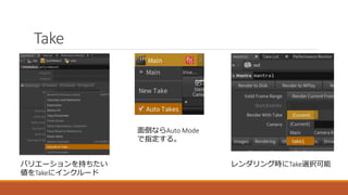 Take
バリエーションを持ちたい
値をTakeにインクルード
面倒ならAuto Mode
で指定する。
レンダリング時にTake選択可能
 