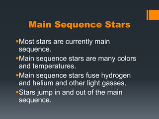 Main Sequence StarsMost stars are currently main  sequence.Main sequence stars are many colors and temperatures.Main sequence stars fuse hydrogen and helium and other light gasses.Stars jump in and out of the main sequence.  