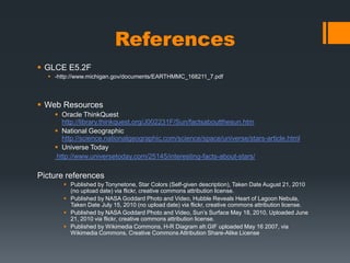 ReferencesGLCE E5.2F-http://www.michigan.gov/documents/EARTHMMC_168211_7.pdfWeb ResourcesOracle ThinkQuesthttp://library.thinkquest.org/J002231F/Sun/factsaboutthesun.htmNational Geographic http://science.nationalgeographic.com/science/space/universe/stars-article.htmlUniverse Today  http://www.universetoday.com/25145/interesting-facts-about-stars/Picture referencesPublished by Tonynetone, Star Colors (Self-given description), Taken Date August 21, 2010 (no upload date) via flickr, creative commons attribution license.Published by NASA Goddard Photo and Video, Hubble Reveals Heart of Lagoon Nebula, Taken Date July 15, 2010 (no upload date) via flickr, creative commons attribution license. Published by NASA Goddard Photo and Video, Sun’s Surface May 18, 2010, Uploaded June 21, 2010 via flickr, creative commons attribution license.Published by Wikimedia Commons, H-R Diagram afr.GIF uploaded May 16 2007, via Wikimedia Commons, Creative Commons Attribution Share-Alike License  