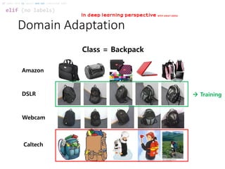 Domain Adaptation
elif (no labels)
if (data size is small) and not (satisfied SVM):
In deep learning perspective with small data
Class = Backpack
Amazon
DSLR
Webcam
Caltech
 Training
 