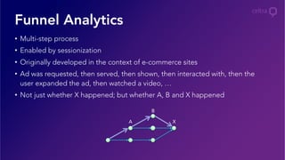 •  Multi-step process
•  Enabled by sessionization
•  Originally developed in the context of e-commerce sites
•  Ad was requested, then served, then shown, then interacted with, then the
user expanded the ad, then watched a video, …
•  Not just whether X happened; but whether A, B and X happened
Funnel Analytics
XA
B
 