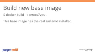 Presented by 
Build new base image 
$ docker build -t centos7vps . 
This base image has the real systemd installed. 
 
