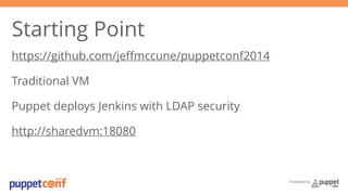 Presented by 
Starting Point 
https://github.com/jeffmccune/puppetconf2014 
Traditional VM 
Puppet deploys Jenkins with LDAP security 
http://sharedvm:18080 
 