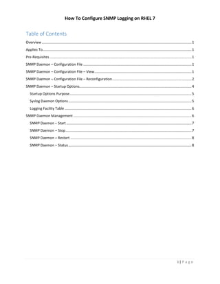 How To Configure SNMP Logging on RHEL 7
i | P a g e
Table of Contents
Overview.......................................................................................................................................................1
Applies To......................................................................................................................................................1
Pre-Requisites ...............................................................................................................................................1
SNMP Daemon – Configuration File .............................................................................................................1
SNMP Daemon – Configuration File – View..................................................................................................1
SNMP Daemon – Configuration File – Reconfiguration................................................................................2
SNMP Daemon – Startup Options.................................................................................................................4
Startup Options Purpose...........................................................................................................................5
Syslog Daemon Options............................................................................................................................5
Logging Facility Table................................................................................................................................6
SNMP Daemon Management .......................................................................................................................6
SNMP Daemon – Start ..............................................................................................................................7
SNMP Daemon – Stop...............................................................................................................................7
SNMP Daemon – Restart ..........................................................................................................................8
SNMP Daemon – Status............................................................................................................................8
 