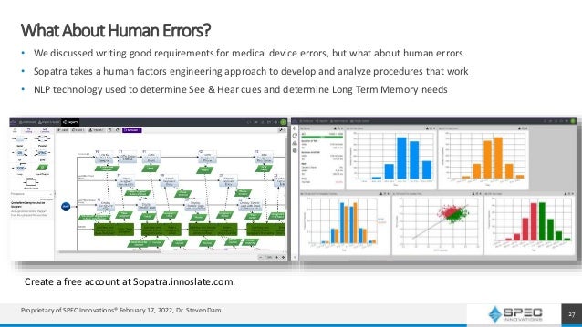 WhatAboutHumanErrors?
• We discussed writing good requirements for medical device errors, but what about human errors
• Sopatra takes a human factors engineering approach to develop and analyze procedures that work
• NLP technology used to determine See & Hear cues and determine Long Term Memory needs
27
Create a free account at Sopatra.innoslate.com.
Proprietary of SPEC Innovations® February 17, 2022, Dr. Steven Dam
 