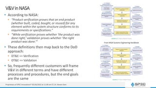 V&VinNASA
• According to NASA:
• “Product verification proves that an end product
(whether built, coded, bought, or reused) for any
element within the system structure conforms to its
requirements or specifications.”
• “While verification proves whether ‘the product was
done right,’ validation proves whether ‘the right
product was done.’”
• These definitions then map back to the DoD
approach:
• DT&E == Verification
• OT&E == Validation
• So, frequently different customers will frame
V&V in different terms and have different
processes and procedures, but the end goals
are the same
Proprietary of SPEC Innovations® 05/26/2022 at 11:00 am ET, Dr. Steven Dam
From NASA Systems Engineering Handbook
 