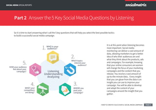 Part 2 Answerthe5KeySocialMediaQuestionsbyListening
PAGE 3HOWTOCREATEASUCCESSFULSOCIALMEDIACAMPAIGN
So it is time to start answering what I call the 5 key questions that will help you select the best possible tactics
to build a successful social media campaign.
It is at this point when listening becomes
most important. Social media
monitoring can deliver a vast amount of
data, allowing marketers to get a better
idea of who their audiences are and
what they think about the products, ads
and campaigns. For example, knowing
that your online consumers are women
will change the focus of your marketing
campaigns and the content that you
release. You receive a vast amount of
up-to-the-minute data.. Every insight
that you can glean from the data is an
insight you can use to improve your
campaign. You will be able to develop
and adapt the content of your
campaigns around the insight that you
gather.
Listening
Understanding
Analyzing
HOWyouraudience
feelaboutyour
campaign?
WHEREyou
postyour
campaign?
WHATyour
competitors
aredoing?
Whichtopics
interestyour
audience?
WHOisyour
audience?
5.
2.
3.4.
1.
SPECIALREPORTSSOCIALMEDIA
 