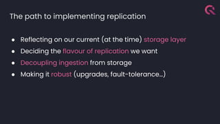 The path to implementing replication
● Reflecting on our current (at the time) storage layer
● Deciding the flavour of replication we want
● Decoupling ingestion from storage
● Making it robust (upgrades, fault-tolerance…)
 