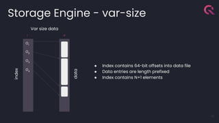 Storage Engine - var-size
16
O1
O2
.i
O3
.d
index
data
Var size data
● Index contains 64-bit offsets into data file
● Data entries are length prefixed
● Index contains N+1 elements
O4
 