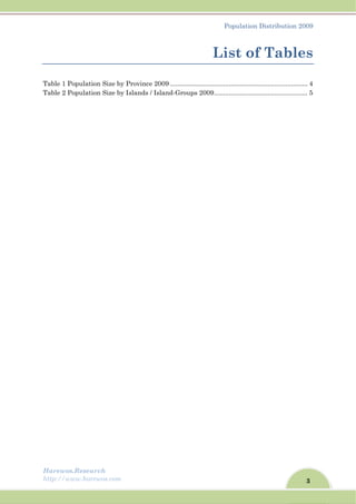 3
Population Distribution 2009
Harewos.Research
http://www.harewos.com
List of Tables
Table 1 Population Size by Province 2009 ........................................................................... 4
Table 2 Population Size by Islands / Island-Groups 2009................................................... 5
 