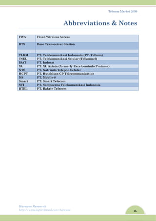 15
Telecom Market 2009
Harewos.Research
http://www.ligarvirtual.com/harewos
Abbreviations & Notes
FWA Fixed Wireless Access
BTS Base Transceiver Station
TLKM PT. Telekomunikasi Indonesia (PT. Telkom)
TSEL PT. Telekomunikasi Selular (Telkomsel)
ISAT PT. Indosat
XL PT. XL Axiata (formerly Excelcomindo Pratama)
NTS PT. Natrindo Telepon Selular
HCPT PT. Hutchison CP Telecommunication
M8 PT. Mobile-8
Smart PT. Smart Telecom
STI PT. Sampoerna Telekomunikasi Indonesia
BTEL PT. Bakrie Telecom
 