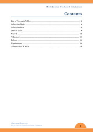 2
Mobile Internet, Broadband & Data Services
Harewos.Research
http://www.ligarvirtual.com/harewos
Contents
List of Figures & Tables........................................................................................................ 3
Subscriber Model................................................................................................................... 5
Subscriber Base ..................................................................................................................... 6
Market Share......................................................................................................................... 9
Growth ................................................................................................................................. 13
Telkomsel............................................................................................................................. 16
Indosat ................................................................................................................................. 20
Excelcomindo ....................................................................................................................... 24
Abbreviations & Notes ........................................................................................................ 28
 