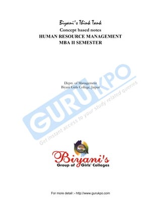 Biyani's Think Tank
Concept based notes
HUMAN RESOURCE MANAGEMENT
MBA II SEMESTER
Deptt. of Management
Biyani Girls College, Jaipur
PDF Created with deskPDF PDF Writer - Trial :: http://www.docudesk.com
For more detail :- http://www.gurukpo.com
 