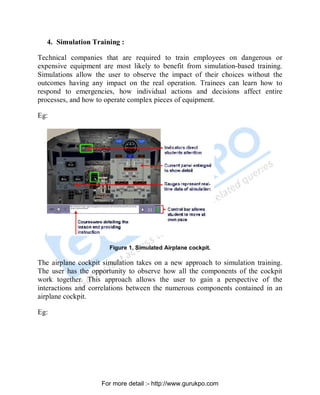 4. Simulation Training :
Technical companies that are required to train employees on dangerous or
expensive equipment are most likely to benefit from simulation-based training.
Simulations allow the user to observe the impact of their choices without the
outcomes having any impact on the real operation. Trainees can learn how to
respond to emergencies, how individual actions and decisions affect entire
processes, and how to operate complex pieces of equipment.
Eg:
Figure 1. Simulated Airplane cockpit.
The airplane cockpit simulation takes on a new approach to simulation training.
The user has the opportunity to observe how all the components of the cockpit
work together. This approach allows the user to gain a perspective of the
interactions and correlations between the numerous components contained in an
airplane cockpit.
Eg:
PDF Created with deskPDF PDF Writer - Trial :: http://www.docudesk.com
For more detail :- http://www.gurukpo.com
 