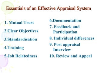 Essentials of an Effective Appraisal System   1. Mutual Trust 2.Clear Objectives 3.Standardisation 4.Training 5.Job Relatedness 6.Documentation 7. Feedback and Participation 8. Individual differences 9. Post appraisal Interview 10. Review and Appeal  