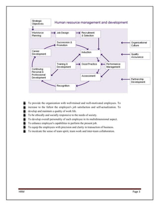 To provide the organization with well-trained and well-motivated employees. To
      increase to the fullest the employee's job satisfaction and self-actualization. To
      develop and maintain a quality of work life.
      To be ethically and socially responsive to the needs of society.
      To develop overall personality of each employee in its multidimensional aspect.
      To enhance employee's capabilities to perform the present job.
      To equip the employees with precision and clarity in transaction of business.
      To inculcate the sense of team spirit, team work and inter-team collaboration.




HRM                                                                                        Page 3
 