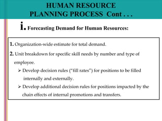 HUMAN RESOURCE
PLANNING PROCESS Cont . . .
i.Forecasting Demand for Human Resources:
1. Organization-wide estimate for total demand.
2. Unit breakdown for specific skill needs by number and type of
employee.
 Develop decision rules (“fill rates”) for positions to be filled
internally and externally.
 Develop additional decision rules for positions impacted by the
chain effects of internal promotions and transfers.
 