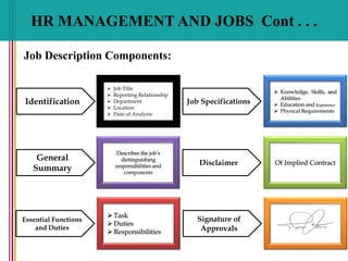 HR MANAGEMENT AND JOBS Cont . . .
Job Description Components:
Identification
 Job Title
 Reporting Relationship
 Department
 Location
 Date of Analysis
General
Summary
Describes the job’s
distinguishing
responsibilities and
components
Essential Functions
and Duties
 Task
 Duties
 Responsibilities
Job Specifications
 Knowledge, Skills, and
Abilities
 Education and Experience
 Physical Requirements
Disclaimer Of Implied Contract
Signature of
Approvals
-------------------------
 