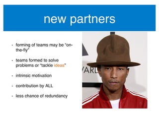 new partners!
•  forming of teams may be “on-
the-ﬂy”!
•  teams formed to solve
problems or “tackle ideas”!
•  intrinsic motivation!
•  contribution by ALL!
•  less chance of redundancy!
 