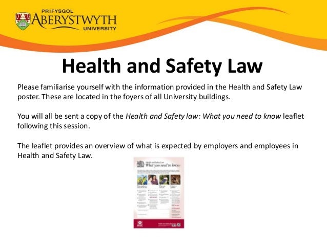 Health and Safety Law
Please familiarise yourself with the information provided in the Health and Safety Law
poster. These are located in the foyers of all University buildings.
You will all be sent a copy of the Health and Safety law: What you need to know leaflet
following this session.
The leaflet provides an overview of what is expected by employers and employees in
Health and Safety Law.
 