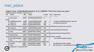 #RSAC
mac_psaux
$ python vol.py --profile=MacMountainLion_10_8_3_AMDx64 -f 10.8.3.mmr.macho mac_psaux
Volatile Systems Volatility Framework 2.3
Pid Name Bits Stack Length Argc Arguments
-------- -------------------- --------- ------------------------------ -------- ------ ---------
0 kernel_task 64BIT 0x0000000000000000 0 0
[snip]
40 mDNSResponder 64BIT 0x00007fff54403000 384 2 /usr/sbin/mDNSResponder -launchd
41 networkd 64BIT 0x00007fff50d3f000 360 1 /usr/libexec/networkd
60 usbmuxd 64BIT 0x00007fff5fc00000 504 2
/System/Library/PrivateFrameworks/MobileDevice.framework/Versions/A/Resources/usbmuxd -launchd
66 revisiond 64BIT 0x00007fff50d1b000 376 1
/System/Library/PrivateFrameworks/GenerationalStorage.framework/Versions/A/Support/revisiond
72 mds 64BIT 0x00007fff5713e000 376 1
/System/Library/Frameworks/CoreServices.framework/Frameworks/Metadata.framework/Support/mds
75 loginwindow 64BIT 0x00007fff59635000 328 2
/System/Library/CoreServices/loginwindow.app/Contents/MacOS/loginwindow console
77 KernelEventAgent 64BIT 0x00007fff5e5b7000 232 1 /usr/sbin/KernelEventAgent
78 kdc 64BIT 0x00007fff54a32000 304 1
/System/Library/PrivateFrameworks/Heimdal.framework/Helpers/kdc
91 autofsd 64BIT 0x00007fff577d9000 208 1 /usr/libexec/autofsd autofsd
95 ntpd 64BIT 0x00007fff5a494000 296 9 /usr/sbin/ntpd -c /private/etc/ntp-restrict.conf -n -g -p
/var/run/ntpd.pid -f /var/db/ntp.drift
[snip]
 