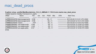 #RSAC
mac_dead_procs
$ python vol.py --profile=MacMountainLion_10_8_3_AMDx64 -f ~/10.8.3.mmr.macho mac_dead_procs
Volatile Systems Volatility Framework 2.3_alpha
Offset Name Pid Uid Gid PGID Bits DTB Start Time
------------------ -------------------- -------- -------- -------- -------- ------------ ------------------ ----------
0xffffff8036349760 diskmanagementd 4158 - - -55...11 ------------------ 2013-03-29 12:14:31 UTC+0000
0xffffff8036349760 diskmanagementd 4158 - - -55...11 ------------------ 2013-03-29 12:14:31 UTC+0000
0xffffff8032c60d20 lssave 4161 - - -55...11 ------------------ 2013-03-29 12:14:43 UTC+0000
0xffffff803dfe08e0 com.apple.audio. 4146 - - -55...11 ------------------ 2013-03-29 12:12:59 UTC+0000
0xffffff803dfe0d40 com.apple.audio. 4145 - - -55...11 ------------------ 2013-03-29 12:12:59 UTC+0000
0xffffff8032c62300 com.apple.qtkits 4147 - - -55...11 ------------------ 2013-03-29 12:12:59 UTC+0000
[snip]
 