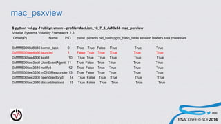 #RSAC
mac_psxview
$ python vol.py -f rubilyn.vmem --profile=MacLion_10_7_5_AMDx64 mac_psxview
Volatile Systems Volatility Framework 2.3
Offset(P) Name PID pslist parents pid_hash pgrp_hash_table session leaders task processes
------------------ ------- ------ ------ ------- -------- --------------- --------------- ------------
0xffffff80008d8d40 kernel_task 0 True True False True True True
0xffffff8005ee4b80 launchd 1 False True True True True True
0xffffff8005ee4300 kextd 10 True True True True True True
0xffffff8005ee3ec0 UserEventAgent 11 True False True True True True
0xffffff8005ee3640 notifyd 12 True False True True True True
0xffffff8005ee3200 mDNSResponder 13 True False True True True True
0xffffff8005ee2dc0 opendirectoryd 14 True False True True True True
0xffffff8005ee2980 diskarbitrationd 15 True False True True True True
 