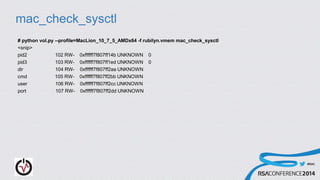 #RSAC
mac_check_sysctl
# python vol.py --profile=MacLion_10_7_5_AMDx64 -f rubilyn.vmem mac_check_sysctl
<snip>
pid2 102 RW- 0xffffff7f807ff14b UNKNOWN 0
pid3 103 RW- 0xffffff7f807ff1ed UNKNOWN 0
dir 104 RW- 0xffffff7f807ff2aa UNKNOWN
cmd 105 RW- 0xffffff7f807ff2bb UNKNOWN
user 106 RW- 0xffffff7f807ff2cc UNKNOWN
port 107 RW- 0xffffff7f807ff2dd UNKNOWN
 