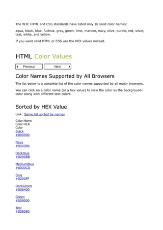 The W3C HTML and CSS standards have listed only 16 valid color names:

aqua, black, blue, fuchsia, gray, green, lime, maroon, navy, olive, purple, red, silver,
teal, white, and yellow.

If you want valid HTML or CSS use the HEX values instead.




HTML Color Values


Color Names Supported by All Browsers
The list below is a complete list of the color names supported by all major browsers.

You can click on a color name (or a hex value) to view the color as the background-
color along with different text colors.



Sorted by HEX Value
Link: Same list sorted by names

Color Name
Color HEX
Color
Black
#000000

Navy
#000080

DarkBlue
#00008B

MediumBlue
#0000CD

Blue
#0000FF

DarkGreen
#006400

Green
#008000

Teal
#008080
 