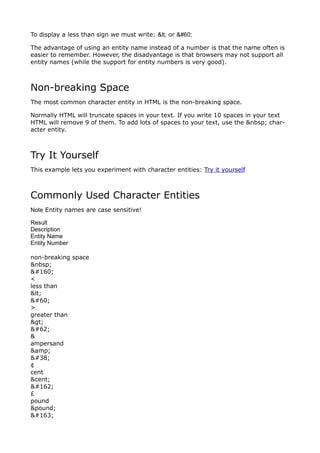 To display a less than sign we must write: &lt; or &#60;

The advantage of using an entity name instead of a number is that the name often is
easier to remember. However, the disadvantage is that browsers may not support all
entity names (while the support for entity numbers is very good).



Non-breaking Space
The most common character entity in HTML is the non-breaking space.

Normally HTML will truncate spaces in your text. If you write 10 spaces in your text
HTML will remove 9 of them. To add lots of spaces to your text, use the &nbsp; char-
acter entity.



Try It Yourself
This example lets you experiment with character entities: Try it yourself



Commonly Used Character Entities
Note Entity names are case sensitive!

Result
Description
Entity Name
Entity Number

non-breaking space
&nbsp;
&#160;
<
less than
&lt;
&#60;
>
greater than
&gt;
&#62;
&
ampersand
&amp;
&#38;
¢
cent
&cent;
&#162;
£
pound
&pound;
&#163;
 