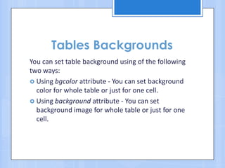 Tables Backgrounds
You can set table background using of the following
two ways:
 Using bgcolor attribute - You can set background
color for whole table or just for one cell.
 Using background attribute - You can set
background image for whole table or just for one
cell.
 