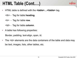 10
HTML Table (Cont.…)
• HTML table is defined with the <table>…</table> tag.
<th> - Tag for table heading.
<tr> - Tag for table row.
<td> - Tag for table column.
• A table has following properties:
Border, padding, text-align, span, id.
• The <td> elements are the data containers of the table and data may
be text, images, lists, other tables, etc.
Copyright 2016 Fujitsu India GDC
 