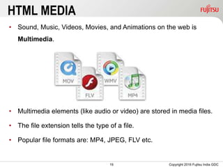 19
HTML MEDIA
• Sound, Music, Videos, Movies, and Animations on the web is
Multimedia.
• Multimedia elements (like audio or video) are stored in media files.
• The file extension tells the type of a file.
• Popular file formats are: MP4, JPEG, FLV etc.
Copyright 2016 Fujitsu India GDC
 