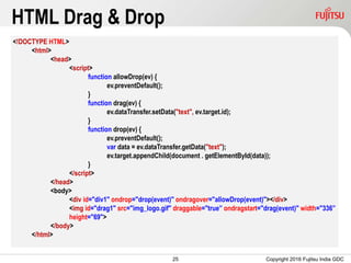 25
HTML Drag & Drop
Copyright 2016 Fujitsu India GDC
<!DOCTYPE HTML>
<html>
<head>
<script>
function allowDrop(ev) {
ev.preventDefault();
}
function drag(ev) {
ev.dataTransfer.setData("text", ev.target.id);
}
function drop(ev) {
ev.preventDefault();
var data = ev.dataTransfer.getData("text");
ev.target.appendChild(document . getElementById(data));
}
</script>
</head>
<body>
<div id="div1" ondrop="drop(event)" ondragover="allowDrop(event)"></div>
<img id="drag1" src="img_logo.gif" draggable="true” ondragstart="drag(event)" width="336”
height="69">
</body>
</html>
 