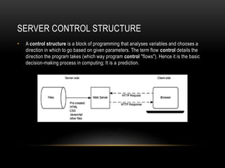 SERVER CONTROL STRUCTURE
• A control structure is a block of programming that analyses variables and chooses a
direction in which to go based on given parameters. The term flow control details the
direction the program takes (which way program control "flows"). Hence it is the basic
decision-making process in computing; It is a prediction.
 