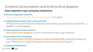 Player Adaptation Logic and Quality of Experience
● Bitrate adaptation schemes
Client-based, server-based, network-assisted, hybrid, ML-based
● Application/transport layer enhancements
HTTP/2 (TCP) and HTTP/3 (QUIC), Media over QUIC (MOQ), proprietary formats (SRT, RIST, …),
WebRTC, low-latency/delay
● Client playback improvements
User-/client-aware playback, content-enhancement ﬁlters, super-resolution
● Low-latency live streaming
Use of MPEG CMAF, HTTP/1.1 Chunked Transfer Encoding (CTE), other protocol features
(e.g., HTTP/2 Push); LL-DASH/HLS; speciﬁc network functions; CDN support
● Quality of Experience
Content Consumption and End-to-End Aspects
32
32
 