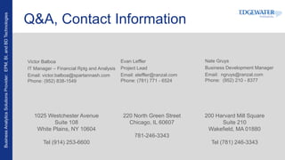 BusinessAnalyticsSolutionsProvider:EPM,BI,andBDTechnologies
Q&A, Contact Information
200 Harvard Mill Square
Suite 210
Wakefield, MA 01880
Tel (781) 246-3343
220 North Green Street
Chicago, IL 60607
781-246-3343
1025 Westchester Avenue
Suite 108
White Plains, NY 10604
Tel (914) 253-6600
Nate Gruys
Business Development Manager
Email: ngruys@ranzal.com
Phone: (952) 210 - 8377
Evan Leffler
Project Lead
Email: eleffler@ranzal.com
Phone: (781) 771 - 6524
Victor Balboa
IT Manager – Financial Rptg and Analysis
Email: victor.balboa@spartannash.com
Phone: (952) 838-1549
 