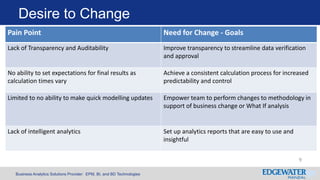 Business Analytics Solutions Provider: EPM, BI, and BD Technologies
Desire to Change
9
Pain Point Need for Change - Goals
Lack of Transparency and Auditability Improve transparency to streamline data verification
and approval
No ability to set expectations for final results as
calculation times vary
Achieve a consistent calculation process for increased
predictability and control
Limited to no ability to make quick modelling updates Empower team to perform changes to methodology in
support of business change or What If analysis
Lack of intelligent analytics Set up analytics reports that are easy to use and
insightful
 