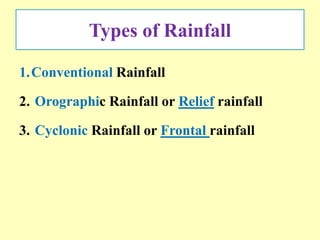 Types of Rainfall
1.Conventional Rainfall
2. Orographic Rainfall or Relief rainfall
3. Cyclonic Rainfall or Frontal rainfall
 