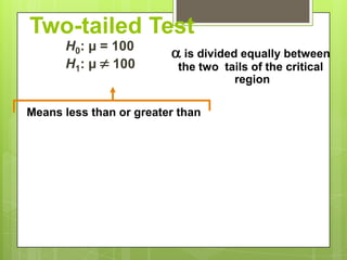 Two-tailed Test
      H0: µ = 100
                          is divided equally between
      H1: µ  100         the two tails of the critical
                                    region

Means less than or greater than
 