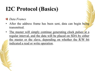 I2C Protocol (Basics)
Data Frames
• After the address frame has been sent, data can begin being
transmitted.
• The master will simply continue generating clock pulses at a
regular interval, and the data will be placed on SDA by either
the master or the slave, depending on whether the R/W bit
indicated a read or write operation.
 