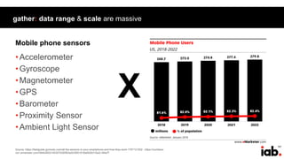 167
•Accelerometer
•Gyroscope
•Magnetometer
•GPS
•Barometer
•Proximity Sensor
•Ambient Light Sensor
Source: https://fieldguide.gizmodo.com/all-the-sensors-in-your-smartphone-and-how-they-work-1797121002 ; https://numbers-
na1.emarketer.com/584b26021403070290f93a20/5851918a0626310a2c186a7f
gather: data range & scale are massive
Mobile phone sensors
X
 