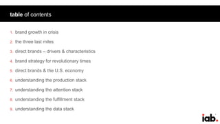 1
table of contents
1. brand growth in crisis
2. the three last miles
3. direct brands – drivers & characteristics
4. brand strategy for revolutionary times
5. direct brands & the U.S. economy
6. understanding the production stack
7. understanding the attention stack
8. understanding the fulfillment stack
9. understanding the data stack
 