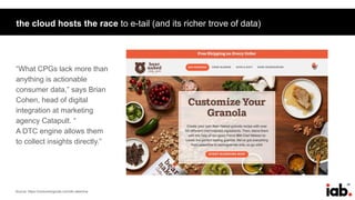 26
the cloud hosts the race to e-tail (and its richer trove of data)
“What CPGs lack more than
anything is actionable
consumer data,” says Brian
Cohen, head of digital
integration at marketing
agency Catapult. “
A DTC engine allows them
to collect insights directly.”
Source: https://consumergoods.com/dtc-dilemma
 