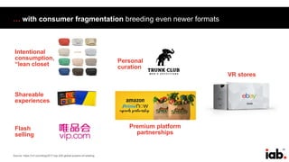 33
… with consumer fragmentation breeding even newer formats
“
“
Shareable
experiences
Flash
selling
Intentional
consumption,
“lean closet
Personal
curation
Premium platform
partnerships
VR stores
Source: https://nrf.com/blog/2017-top-250-global-powers-of-retailing
 