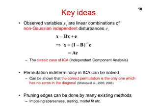 10 Key ideas 
i x 
• Observed variables are linear combinations of 
non-Gaussian independent disturbances 
x  Bx  
e 
( )1 
x I B e 
   
Ae 
 
– The classic case of ICA (Independent Component Analysis) 
• Permutation indeterminacy in ICA can be solved 
– Can be shown that the correct permutation is the only one which 
has no zeros in the diagonal (Shimizu et al., 2005; 2006) 
• Pruning edges can be done by many existing methods 
– Imposing sparseness, testing, model fit etc. 
i e 
 