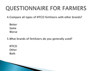 4.Compare all types of IFFCO fertilizers with other brands?

  Better
  Same
  Worse

5.What brands of fertilizers do you generally used?

  IFFCO
  Other
  Both
 