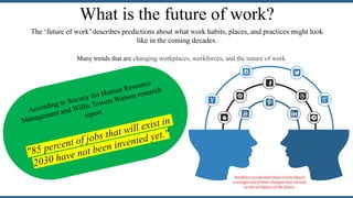 What is the future of work?
The ‘future of work’ describes predictions about what work habits, places, and practices might look
like in the coming decades.
Many trends that are changing workplaces, workforces, and the nature of work
Pandemic accelerated those trends almost
overnight and forever changed how we look
at the workplace of the future.
 