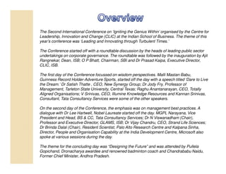 The Second International Conference on ‘Igniting the Genius Within’ organised by the Centre for
Leadership, Innovation and Change (CLIC) at the Indian School of Business. The theme of this
year’s conference was ‘Leading and Innovating through Turbulent Times.’

The Conference started off with a roundtable discussion by the heads of leading public sector
undertakings on corporate governance. The roundtable was followed by the inauguration by Ajit
Rangnekar, Dean, ISB; O P Bhatt, Chairman, SBI and Dr Prasad Kaipa, Executive Director,
CLIC, ISB.

The first day of the Conference focussed on wisdom perspectives. Malli Mastan Babu,
Guinness Record Holder-Adventure Sports, started off the day with a speech titled ‘Dare to Live
the Dream.’ Dr Satish Thatte , CEO, New Synergy Group; Dr Jody Fry, Professor of
Management, Tarleton State University, Central Texas; Raghu Anantanarayan, CEO, Totally
Aligned Organisations; V Srinivas, CEO, Illumine Knowledge Resources and Kannan Srinivas,
Consultant, Tata Consultancy Services were some of the other speakers.

On the second day of the Conference, the emphasis was on management best practices. A
dialogue with Dr Lee Hartwell, Nobel Laureate started off the day. MGPL Narayana, Vice
President and Head, BS & CC, Tata Consultancy Services; Dr N Viswanadham (Chair),
Professor and Executive Director, GLAMS, ISB; Dr Vijay Chandru, CEO, Strand Life Sciences;
Dr Brinda Dalal (Chair), Resident Scientist, Palo Alto Research Centre and Kalpana Sinha,
Director, People and Organisation Capability at the India Development Centre, Microsoft also
spoke at various sessions during the day.

The theme for the concluding day was “Designing the Future” and was attended by Pullela
Gopichand, Dronacharya awardee and renowned badminton coach and Chandrababu Naidu,
Former Chief Minister, Andhra Pradesh.
 