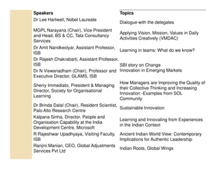 Speakers                                   Topics
Dr Lee Hartwell, Nobel Laureate
                                           Dialogue with the delegates
MGPL Narayana (Chair), Vice President
                                           Applying Vision, Mission, Values in Daily
and Head, BS & CC, Tata Consultancy
                                           Activities Creatively (VMDAC)
Services
Dr Amit Nandkeolyar, Assistant Professor,
                                             Learning in teams: What do we know?
ISB
Dr Rajesh Chakrabarti, Assistant Professor,
ISB                                          SBI story on Change
Dr N Viswanadham (Chair), Professor and Innovation in Emerging Markets
Executive Director, GLAMS, ISB
                                             How Managers are Improving the Quality of
Sherry Immediato, President & Managing
                                             their Collective Thinking and Increasing
Director, Society for Organisational
                                             Innovation -Examples from SOL
Learning
                                             Community
Dr Brinda Dalal (Chair), Resident Scientist,
                                             Sustainable Innovation
Palo Alto Research Centre
Kalpana Sinha, Director, People and
                                             Learning and Innovating from Experiences
Organisation Capability at the India
                                             in the Indian Context
Development Centre, Microsoft
R Rajeshwar Upadhyaya, Visiting Faculty, Ancient Indian World View: Contemporary
ISB                                          Implications for Authentic Leadership
Ranjini Manian, CEO, Global Adjustments
                                             Indian Roots, Global Wings
Services Pvt Ltd
 